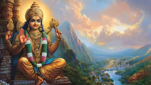 Seated Hindu deity overlooks detailed river valley settlement