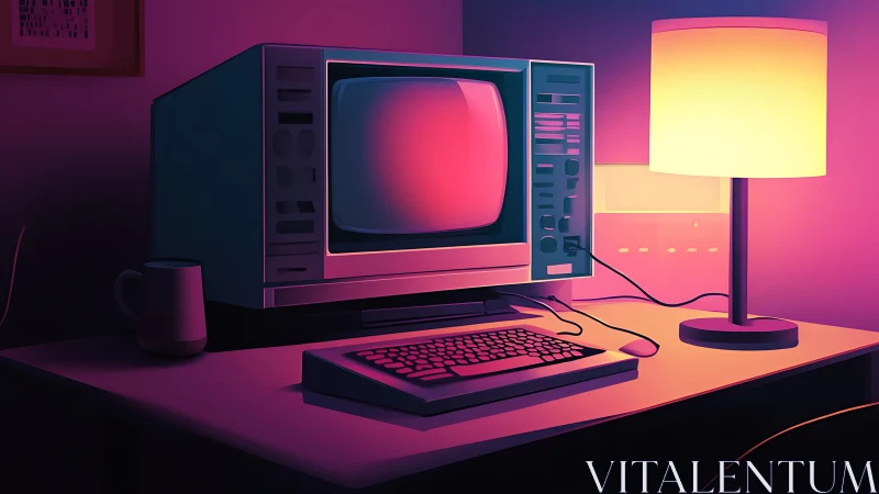 Retro desktop computer in neon-lit minimal workspace.