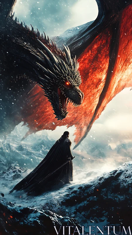 Armored warrior confronts fire-winged dragon in frozen pass