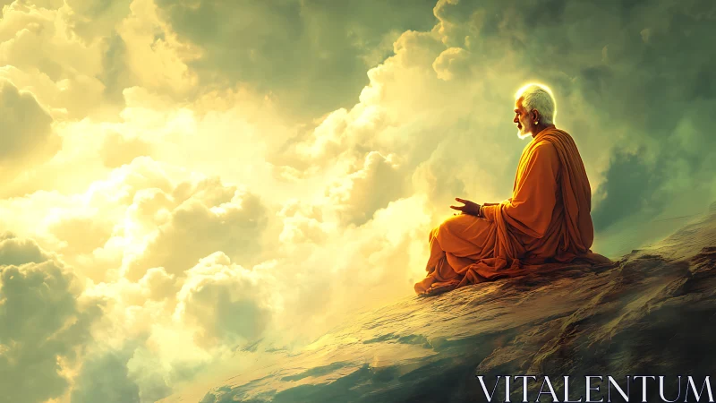 Elder monk in luminous cloudscape meditation tableau.