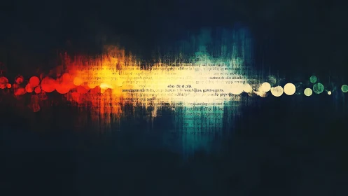 Abstract spectral waveform with layered text and bokeh orbs