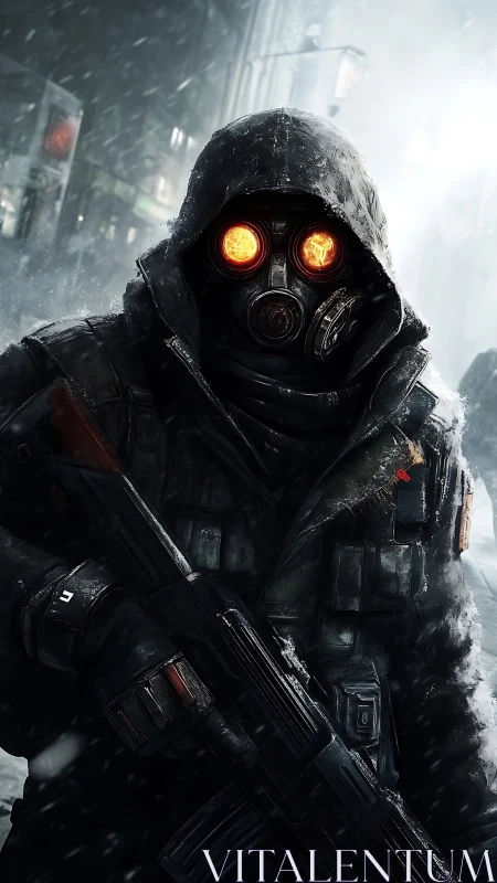 Hooded wasteland sentinel stalks through a neon blizzard