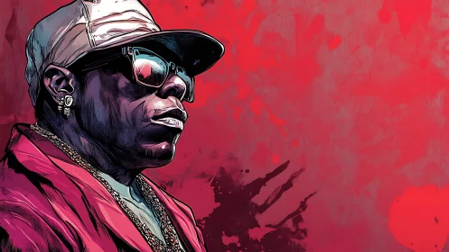Bold hip-hop portrait in graphic neon red splatter style.