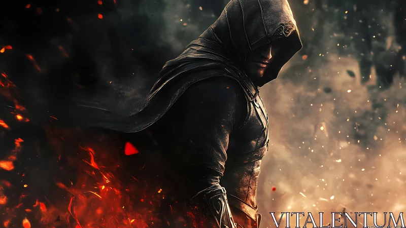 Hooded rogue in burning embers and swirling smoke scene.
