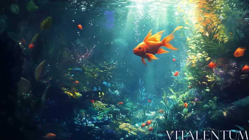 Digital underwater scene depicts goldfish in dense vegetation