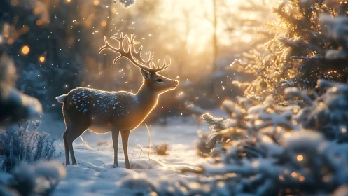 Backlit winter deer in shallow-depth snow forest illumination