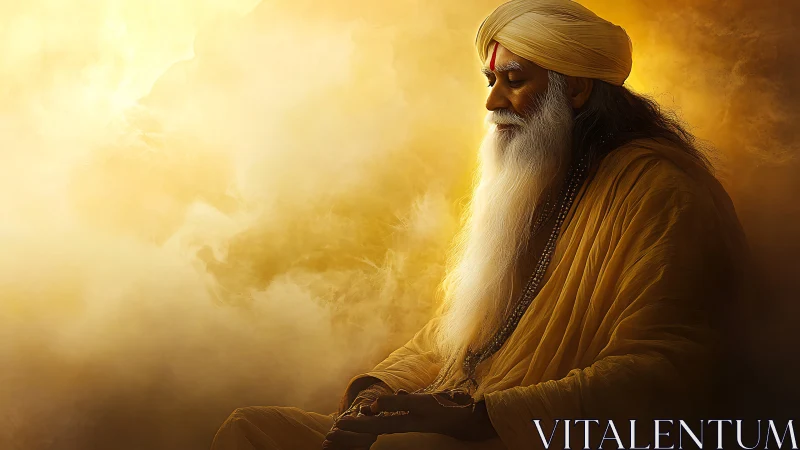 Golden mystic in cloudlit silence, wrapped in inner sunrise.