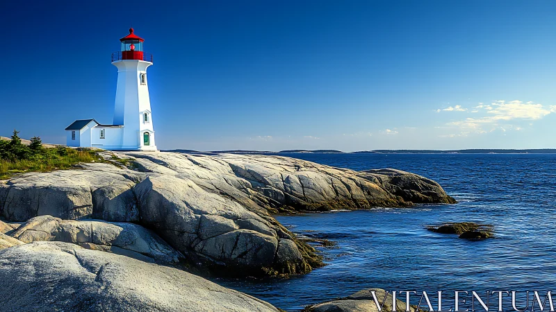 Lighthouse Structure on Rocky Coastal Outcrop.
