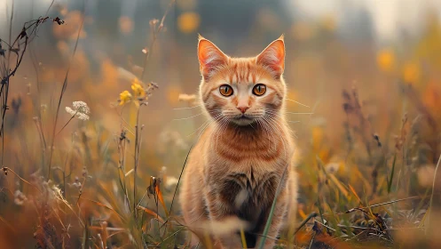 Orange Tabby Cat Seated in Golden Autumn Wildflower Field