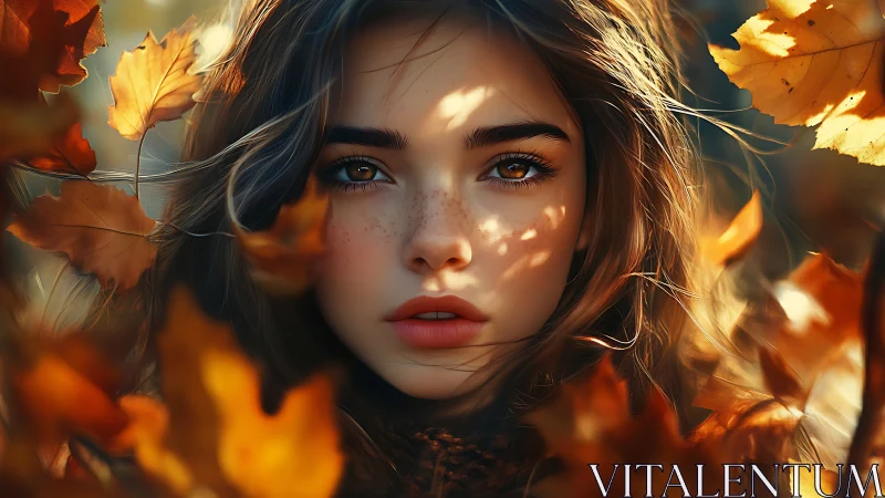 Autumn portrait of freckled girl with cinematic shallow focus