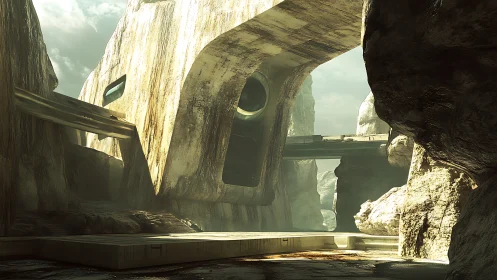 Deteriorated concrete structure with architectural vault openings and rock formations