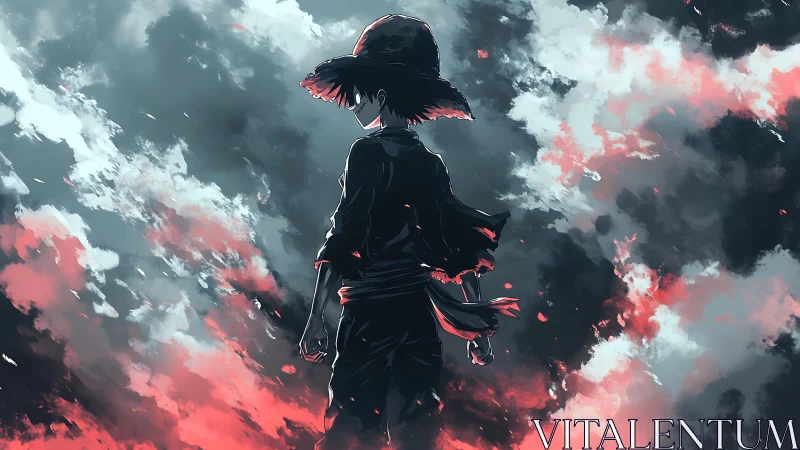 Solitary anime swordsman silhouetted against storm clouds.