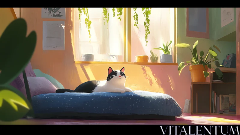 Black and white cat resting on blue bed in sunlit room with plants