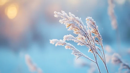 Frost covered grass stalks against soft winter bokeh background.