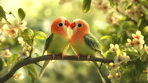 Two Colorful Lovebirds on a Blossoming Branch, Soft Pastel Art.