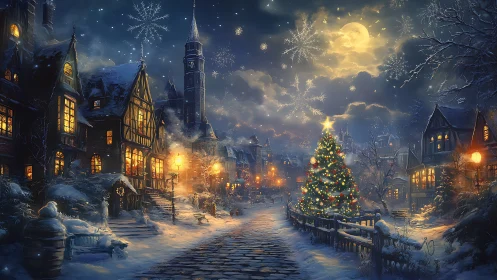 Victorian village glows under moonlit snowy Christmas sky.