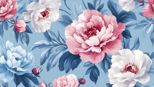 Peony Floral Pattern with Pink and White Blooms.