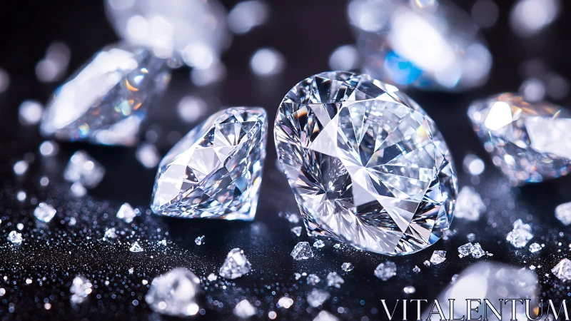 Brilliant cut diamonds scattered on glittering dark surface.