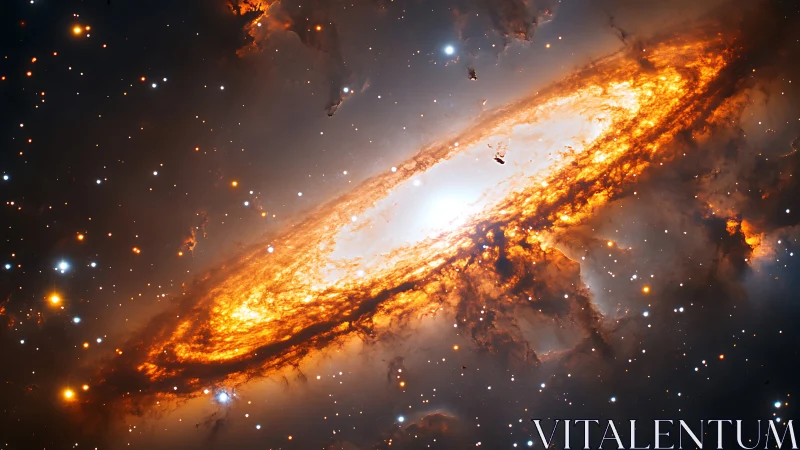 Spiraling fiery galaxy core in dense starfield vista.