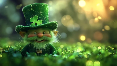 Cheerful leprechaun in clover field with glowing bokeh light