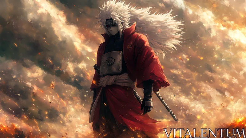 White haired anime warrior standing in fiery battlefield