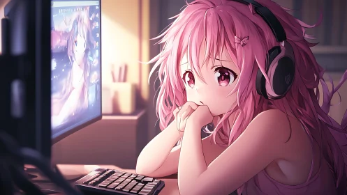 Anime girl at glowing monitor rendered in soft digital lighting