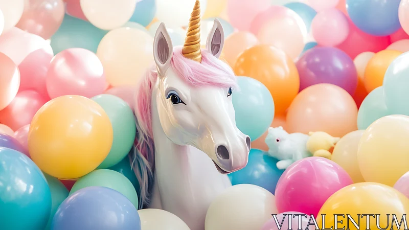Unicorn statue stands among dense pastel balloons