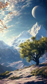Solitary tree before distant snowy peaks and large moon.
