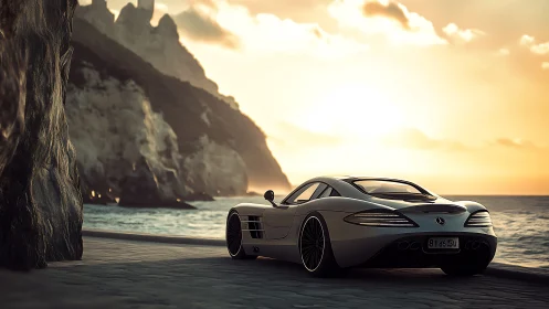Aerodynamic silver supercar at sunset coastal roadway overlook.