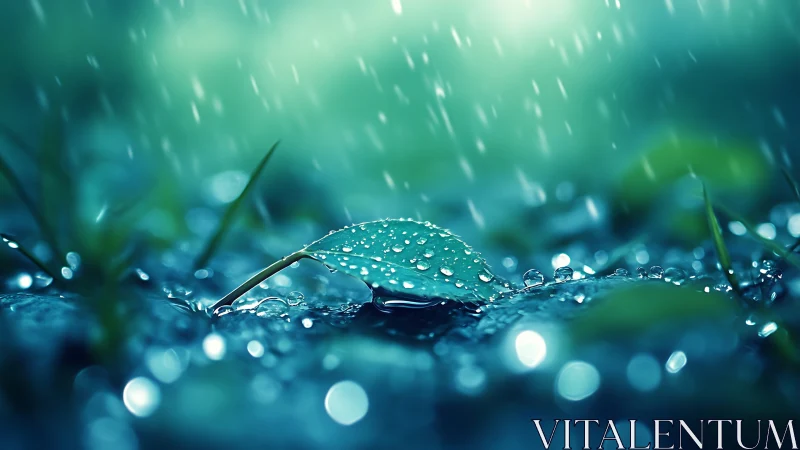 Raindrop lullaby on a jewel-bright leaf in teal twilight.
