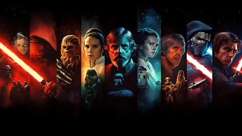 Galactic heroes and villains stand framed in glowing color