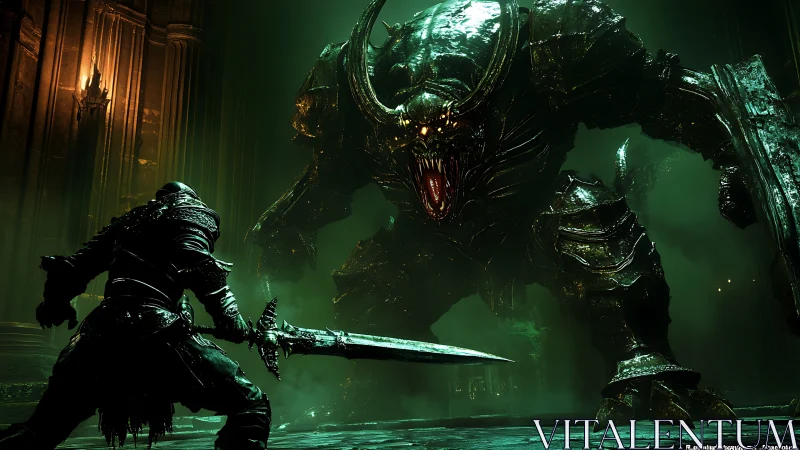 Armored knight confronts colossal demonic beast in green-lit hall