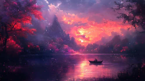 Rowboat drifts across glowing lake under vivid sunset sky