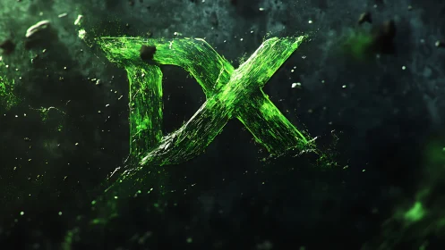 Neon green DX logo in dark shattered particle space.