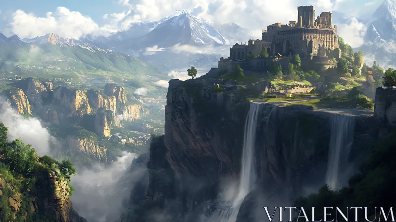 Fortified cliffside citadel overlooks cascading alpine waterfalls