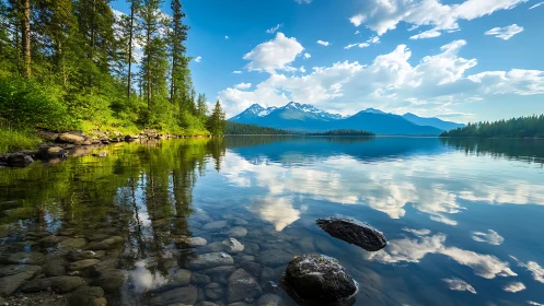 Mountain lake panorama with mirrored clouds on still water.