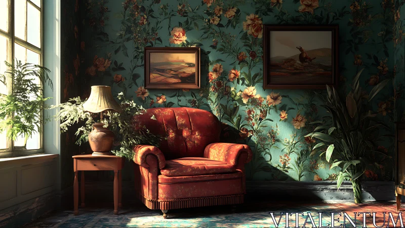 Cozy red armchair in sunlit floral vintage living room.