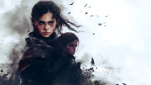 Battle-worn siblings in windswept desaturated battlefield haze.