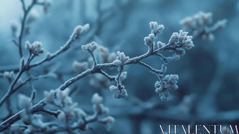 Frost coated branch extends across soft, muted blue background