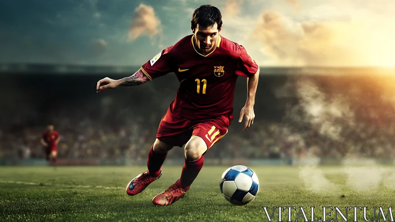 Dynamic low-angle shot of soccer player sprinting with ball on turf