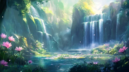 Luminescent fantasy waterfall lagoon with lotus bloom basin.