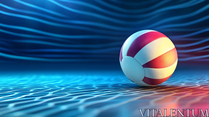 Volleyball on Abstract Blue Surface with Vibrant Lighting Effects.
