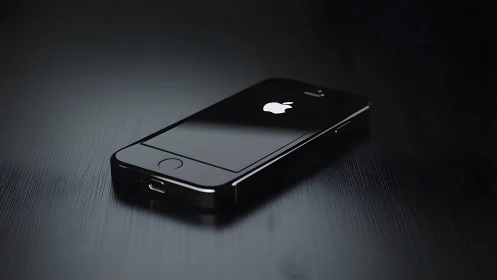 Sleek black iPhone on reflective surface, modern minimalist style.