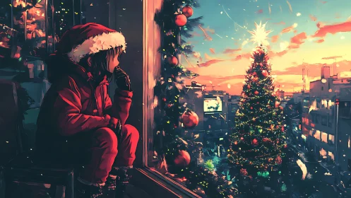 Child’s quiet wonder by a glowing city Christmas tree.