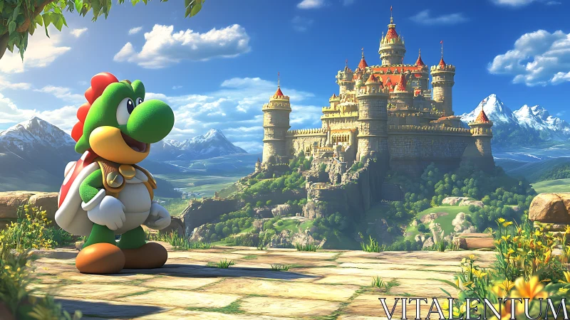 Green dragon hero overlooks radiant mountain castle