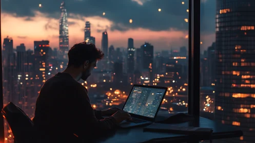 Solitary coder overlooking neon city at vivid dusk glow.
