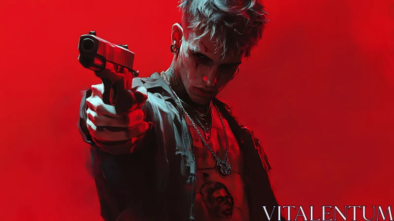 Gunman in crimson lighting with stylized urban portraiture.