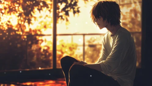 Autumn window hush with a lone, daydream-drenched boy.