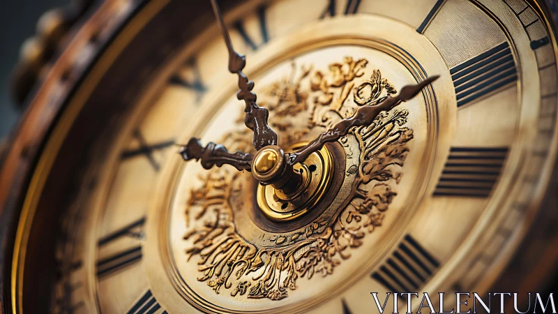 Close view shows ornate mechanical clock face in detail