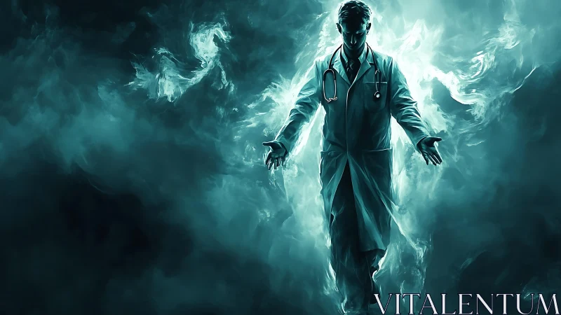 Mystical doctor strides through glowing teal medical fog